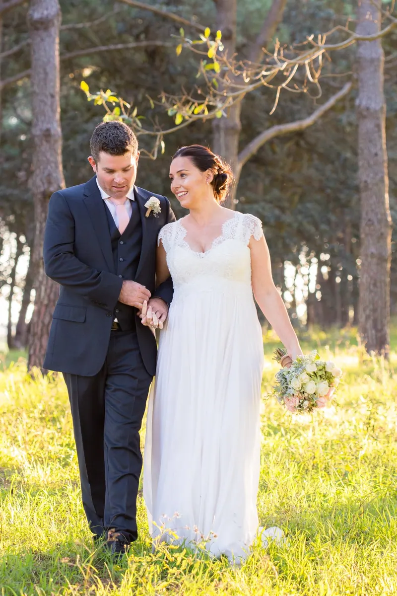 Belinda, A flowing lace gown for a bride and mother-to-be