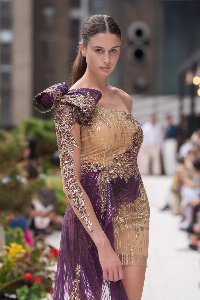 Detail of gold embroidery and amethyst drape from New York Fashion Week 2026